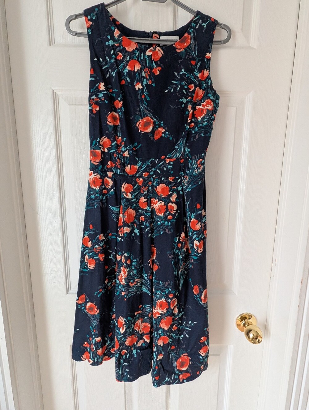Navy Sleeveless Dress with Red Floral Print